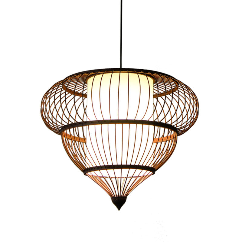 Wooden Geometrical Pendant Lamp Chinese 1 Head Coffee Suspended Lighting Fixture