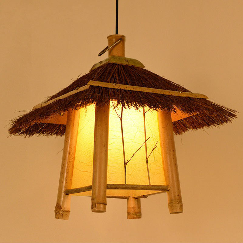 Cottage Woven Shade Drop Pendant Wood 1 Bulb Restaurant Hanging Light Kit in Beige