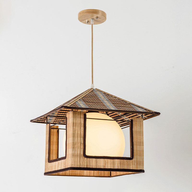 Asian Lodge Pendant Light Kit Bamboo Single Bedside Hanging Lamp in Wood with Dome Milk Glass Shade Inside