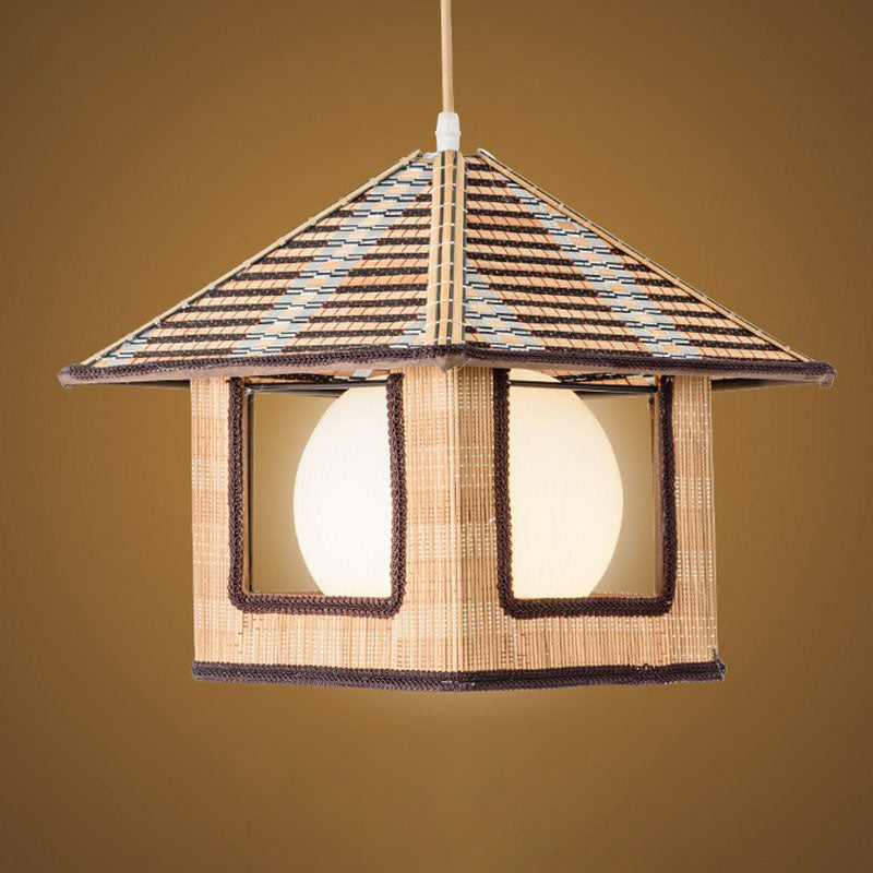 Asian Lodge Pendant Light Kit Bamboo Single Bedside Hanging Lamp in Wood with Dome Milk Glass Shade Inside
