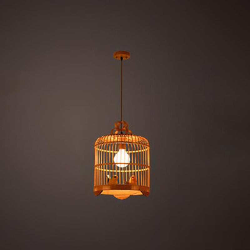 Handcrafted Bird Cage Pendulum Light Chinese Bamboo 1 Bulb Wood Down Lighting Pendant