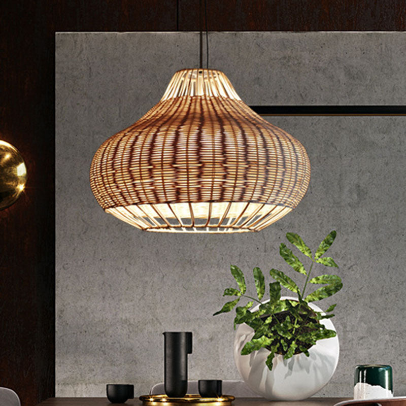 Hand-Worked Pear-Shape Hanging Light Asian Rattan 1-Head Dining Table Suspension Pendant in Wood