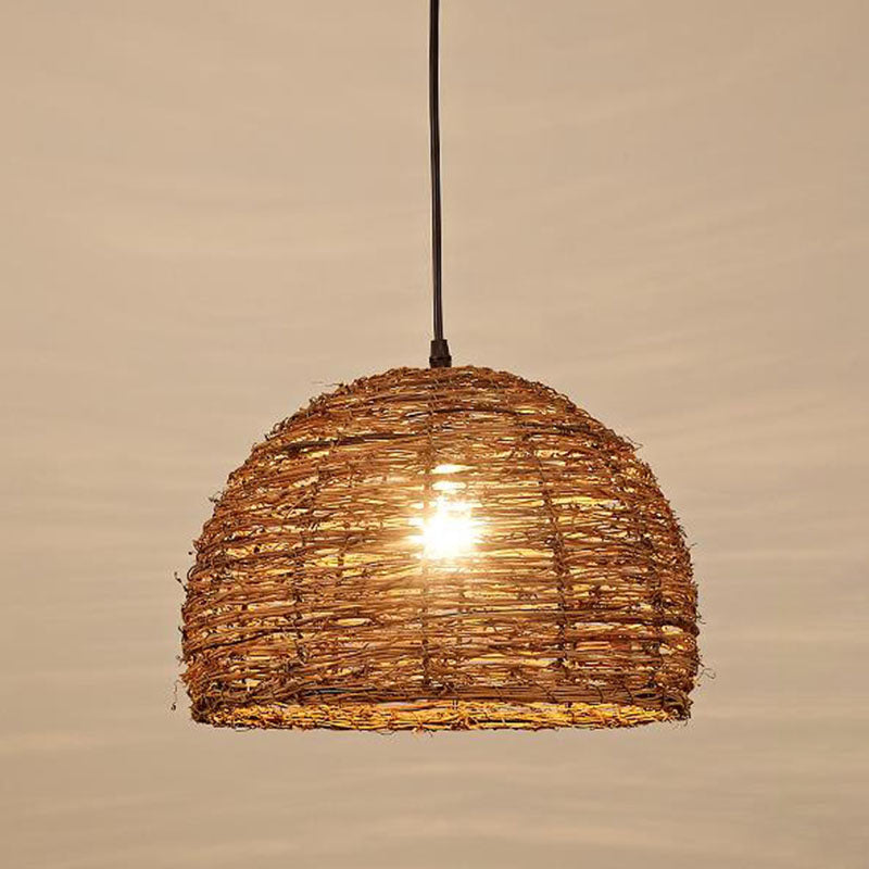 Brown Geometry Suspension Lamp Rustic Single Rattan Hanging Pendant Light for Living Room