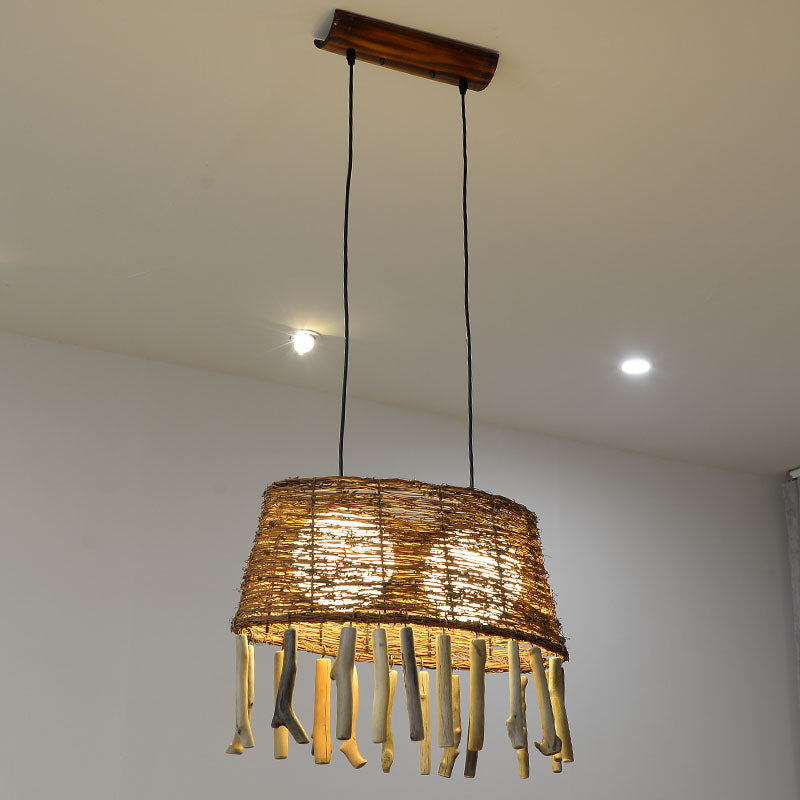 Rattan Oval Ceiling Hang Light Countryside 1 Head Wood Drop Pendant for Restaurant