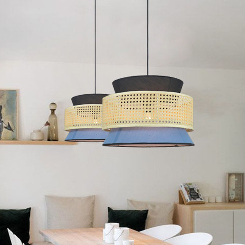Novelty Asian Hourglass Pendant Lamp Bamboo Single Dining Room Ceiling Light with Mesh Screen in Beige