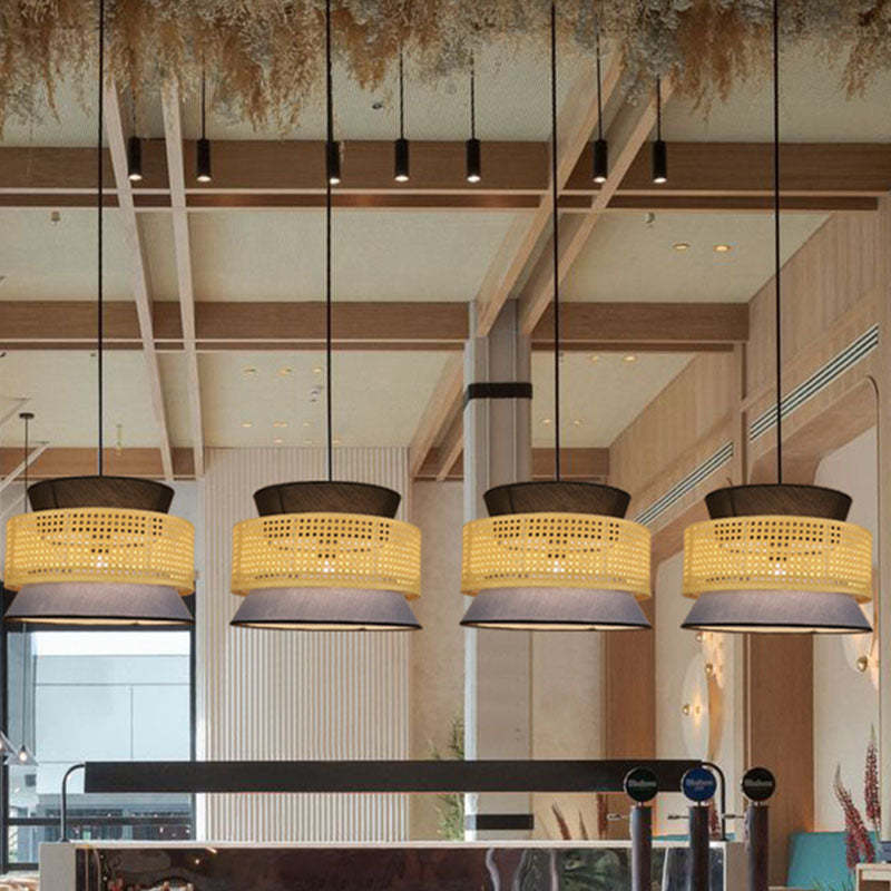 Novelty Asian Hourglass Pendant Lamp Bamboo Single Dining Room Ceiling Light with Mesh Screen in Beige