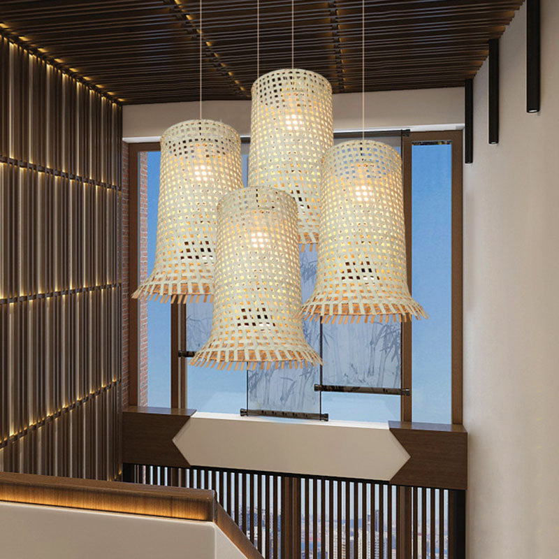 Bamboo Braided Cylindrical Ceiling Lamp Asian 1 Head Wood Hanging Pendant Light with Fringe Trim