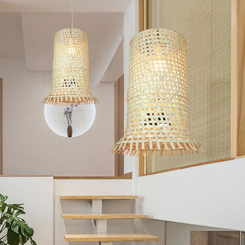 Bamboo Braided Cylindrical Ceiling Lamp Asian 1 Head Wood Hanging Pendant Light with Fringe Trim