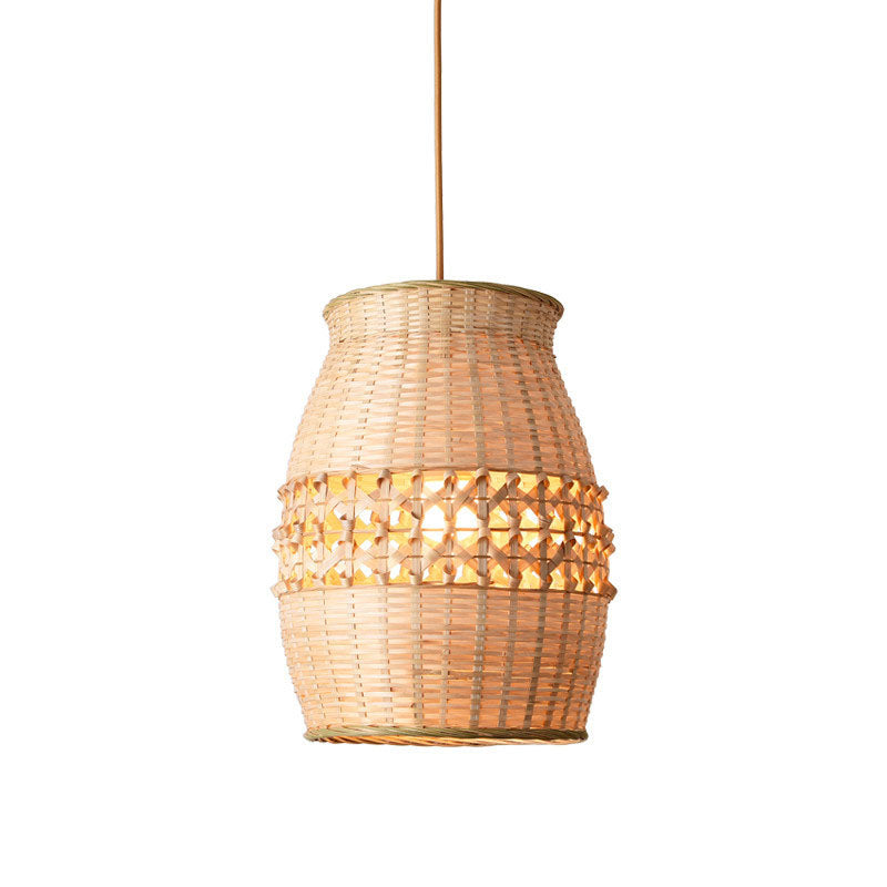 Bamboo Jar Shaped Pendulum Light Asian 1-Light Wood Woven Ceiling Hang Lamp Fixture