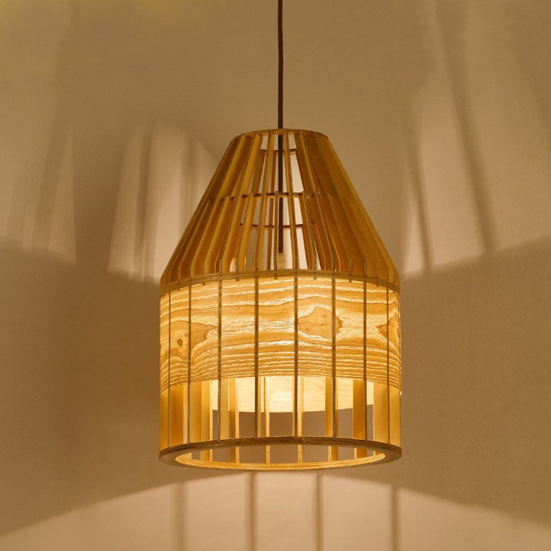 Slatted Cage Wooden Pendant Light Asia Single Bulb Beige Suspended Lighting Fixture