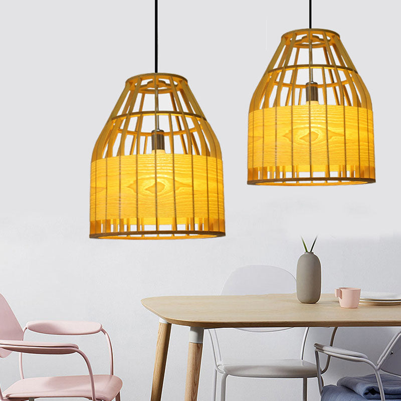 Slatted Cage Wooden Pendant Light Asia Single Bulb Beige Suspended Lighting Fixture