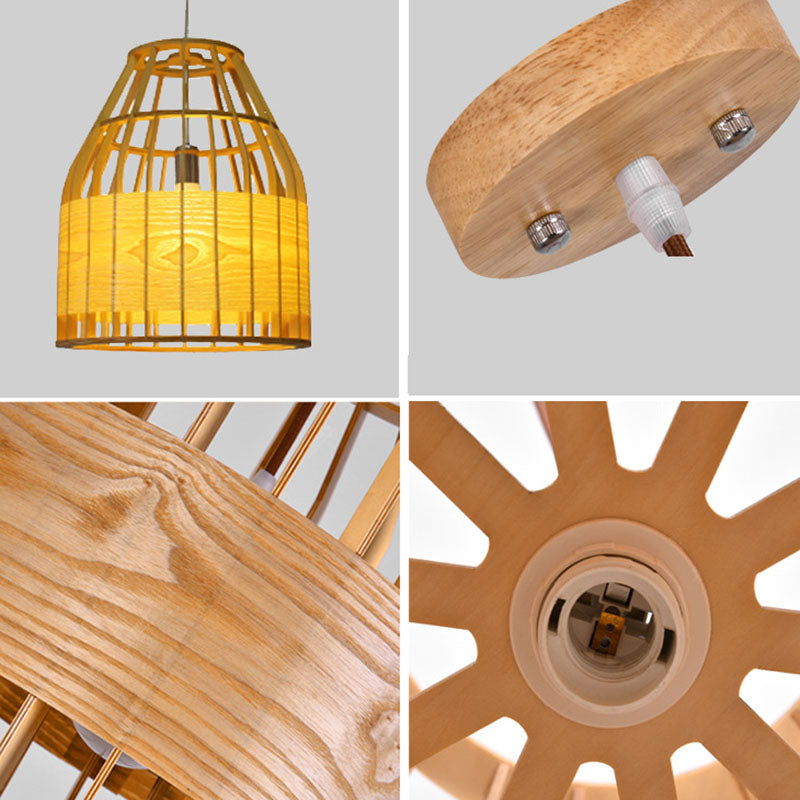 Slatted Cage Wooden Pendant Light Asia Single Bulb Beige Suspended Lighting Fixture
