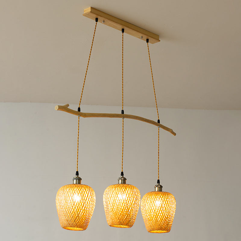 Luz colgante de linterna de madera colgante de múltiples luces estilo chino con sombra de bambú