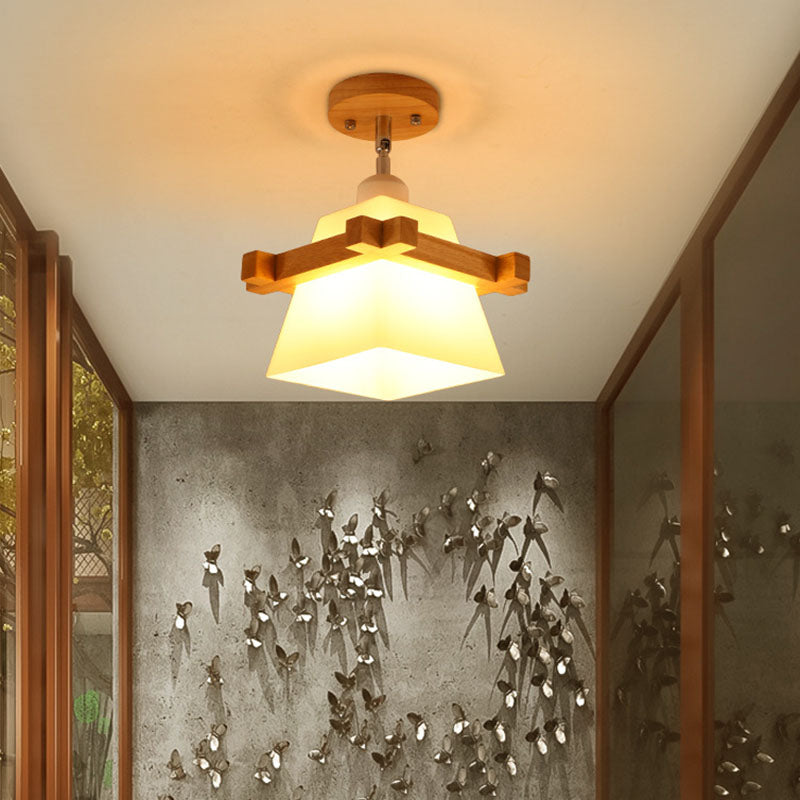 Geometrisch semi flush mount licht Aziatisch bamboe enkelgangpad plafond flush lamp in hout