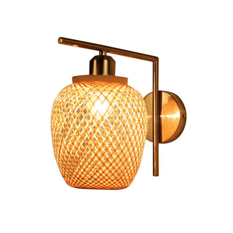 Bamboe Criss-Cross geweven wandlantaarn Chinese stijl 1 lamp houten wand gemonteerd verlichtingsarmatuur