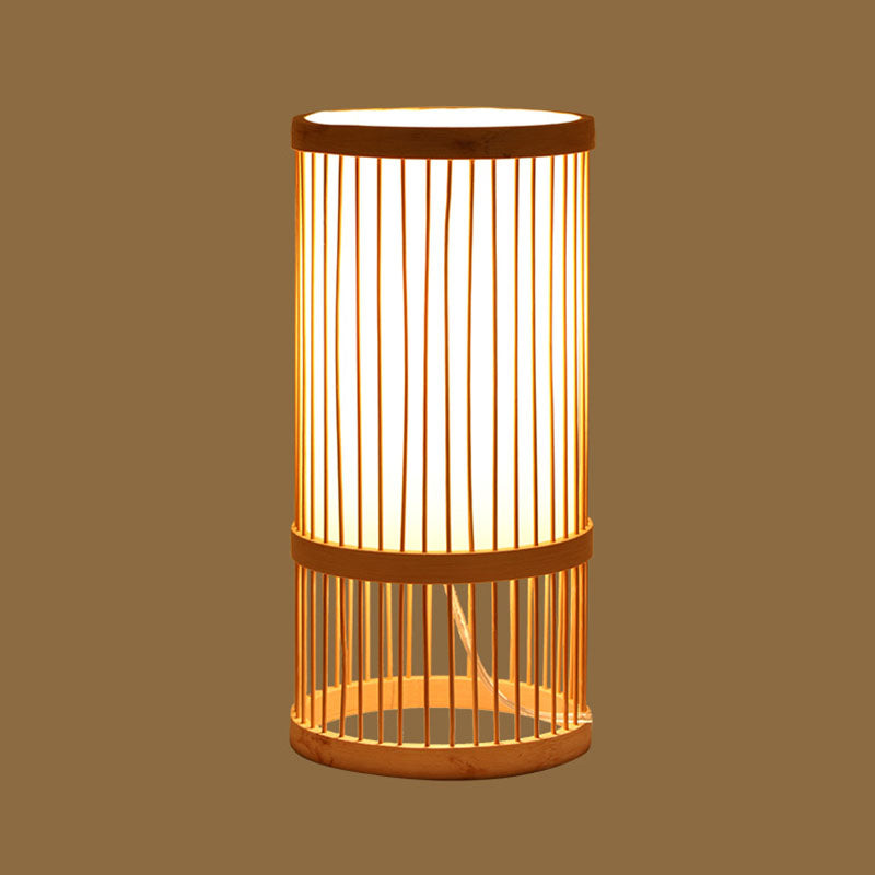 Asian Style Woven Shade Nightstand Light Bamboo 1 Bulb Bedside Table Lamp in Wood