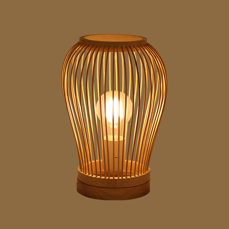 Asian Style Woven Shade Nightstand Light Bamboo 1 Bulb Bedside Table Lamp in Wood
