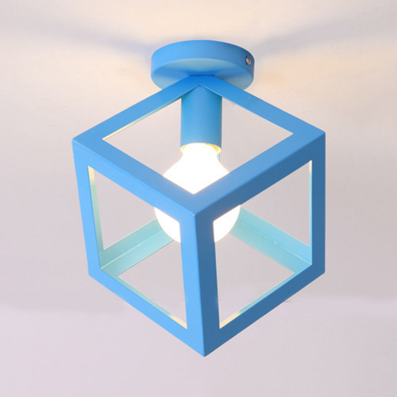 1 Light Squared Ceiling Mounted Light with Wire Guard Loft Style Black/Gray Metallic Semi-Flush Lighting for Bedroom