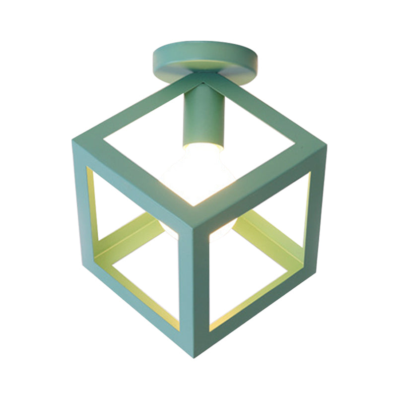 1 Light Squared Ceiling Mounted Light with Wire Guard Loft Style Black/Gray Metallic Semi-Flush Lighting for Bedroom