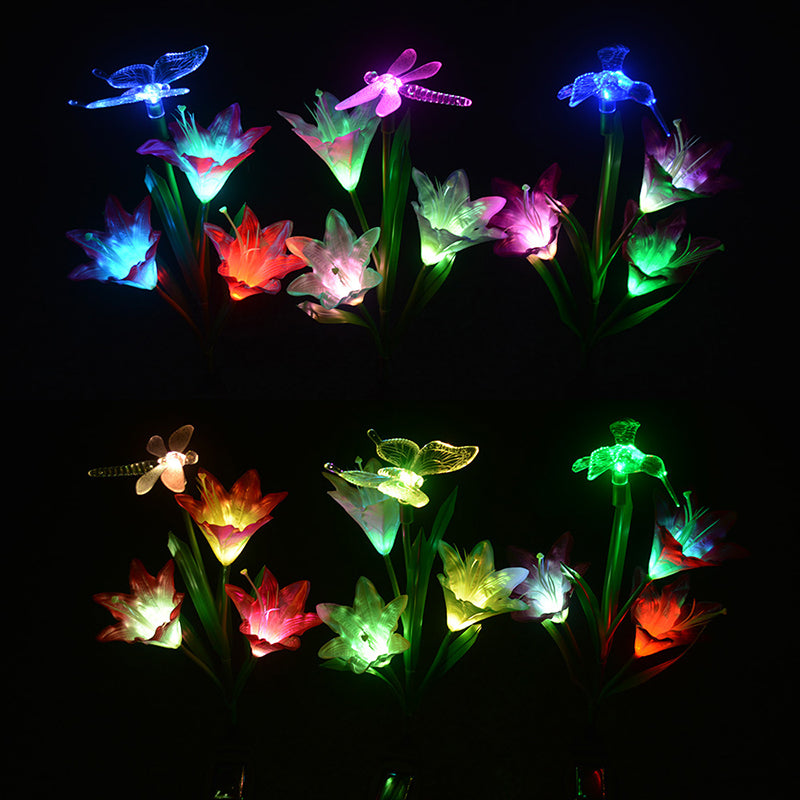Lily Shaped Garden LED Lawn Light Plastic 3 Heads Artistic Solar Ground Lighting, 3 Pcs