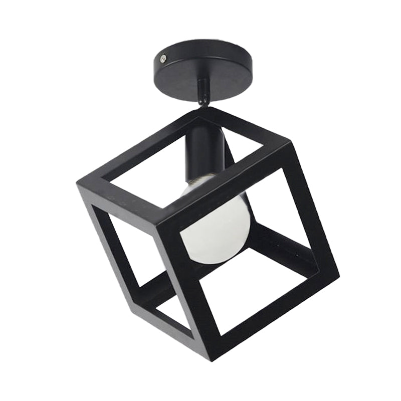 1 Light Squared Ceiling Mounted Light with Wire Guard Loft Style Black/Gray Metallic Semi-Flush Lighting for Bedroom