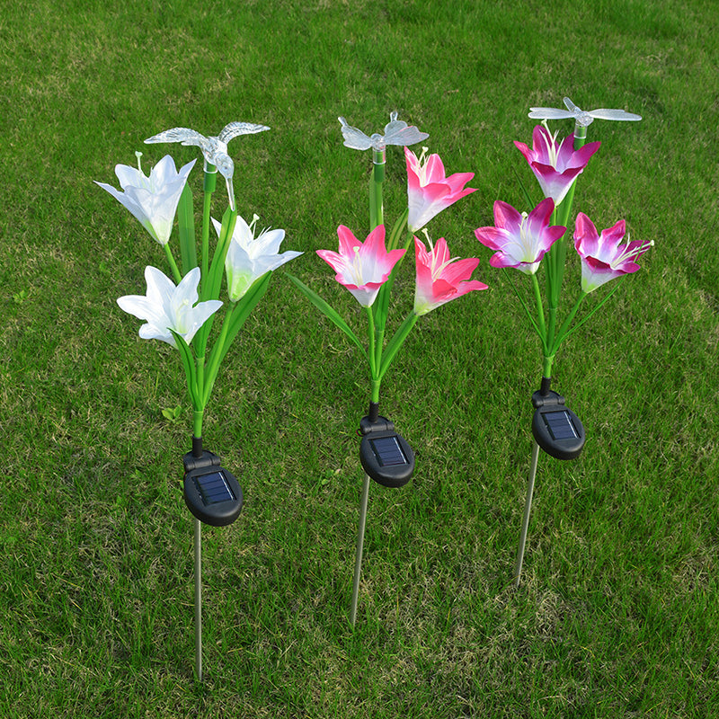 Lily Shaped Garden LED Lawn Light Plastic 3 Heads Artistic Solar Ground Lighting, 3 Pcs