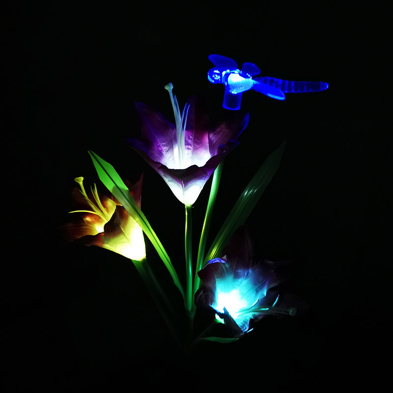 Lily Shaped Garden LED Lawn Light Plastic 3 Heads Artistic Solar Ground Lighting, 3 Pcs