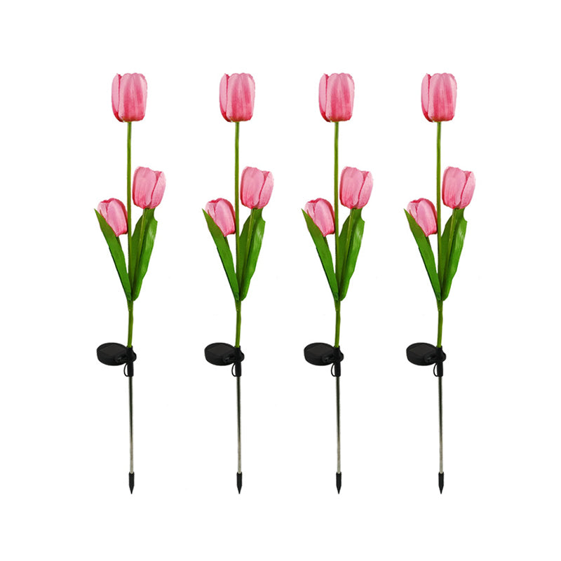 Contemporary Tulip Shaped LED Lawn Lighting Plastic 3 Bulbs Pathway Solar Stake Light in Red