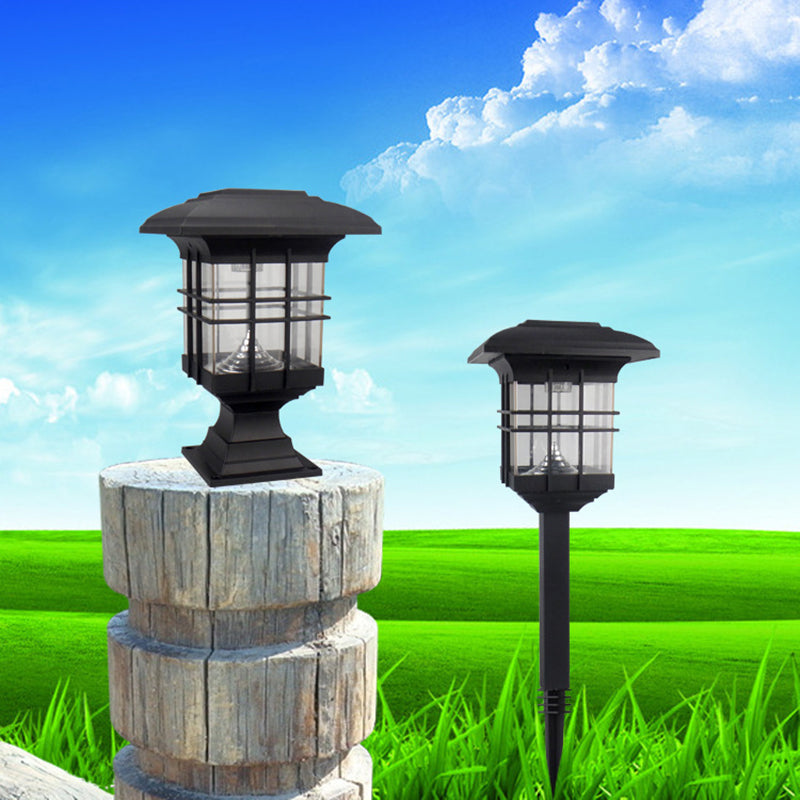 House Shaped Courtyard Solar Ground Light Plastic Vintage LED Stake Lighting in Black