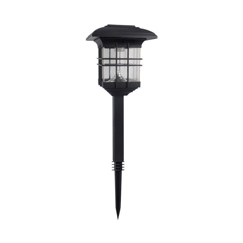 House Shaped Courtyard Solar Ground Light Plastic Vintage LED Stake Lighting in Black