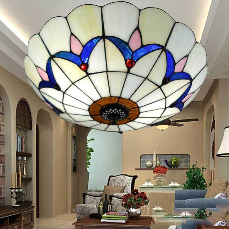 Living Room Ceiling Lights Rustic Style 10"/12" Inch Dome Flush Mount Light Fixture with Jewel Decoration in White/Beige/Blue/Clear