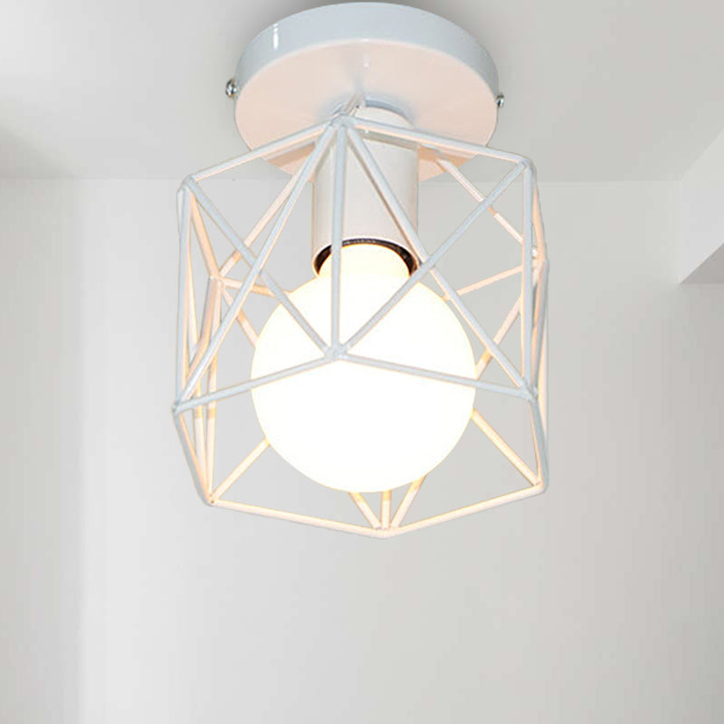 Hexagon Iron Ceiling Mounted Fixture with Cage Shade Vintage Stylish 1 Bulb Balcony Close to Ceiling Lamp in Black/White