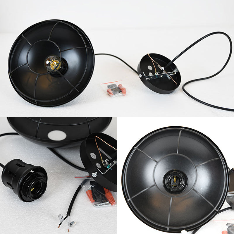 Dome Caged Metal Pendant Lamp Vintage 1 Bulb Kitchen Island Hanging Light Fixture in Black