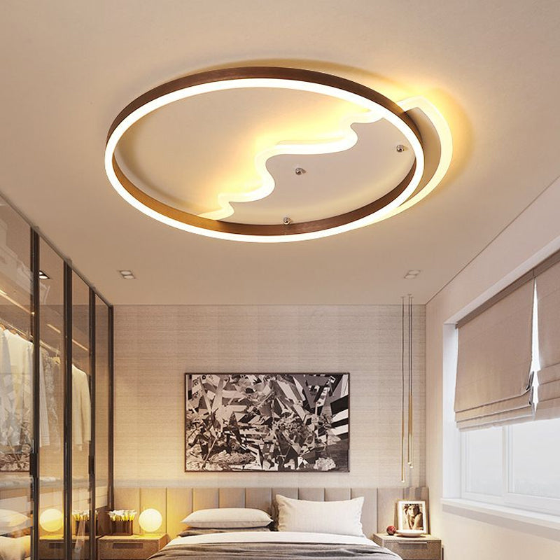Mountain Living Room Flush Ceiling Light Metal Contemporary LED Flush Mount Lighting Fixture with Metal Ring in Coffee