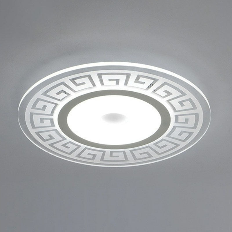 Luz empotrada LED de forma redondeada acrílica, luz de techo blanca artística, montaje empotrado con decoración de llave griega para dormitorio