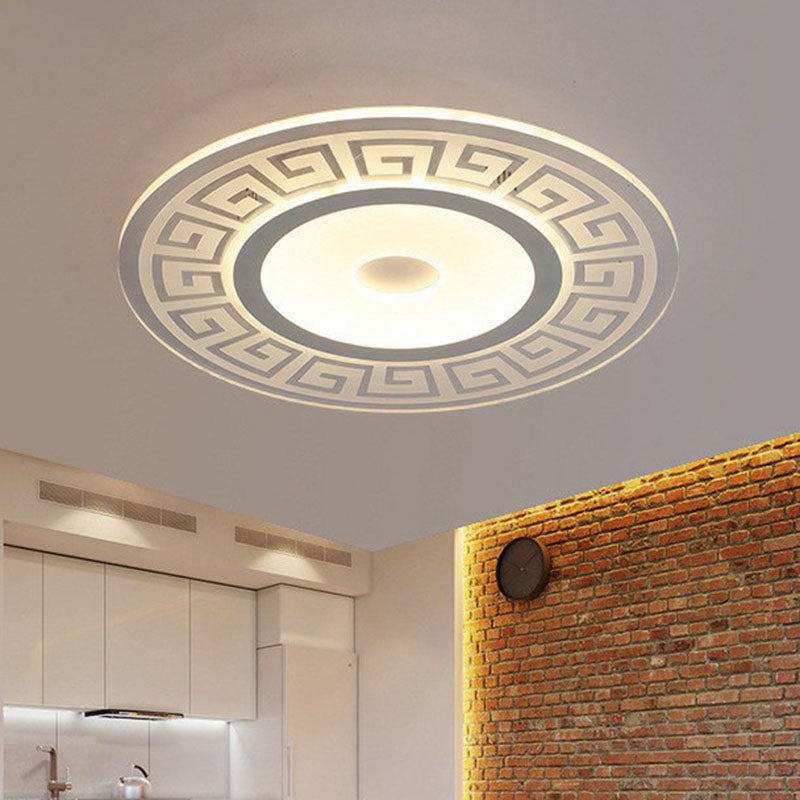 Luz empotrada LED de forma redondeada acrílica, luz de techo blanca artística, montaje empotrado con decoración de llave griega para dormitorio