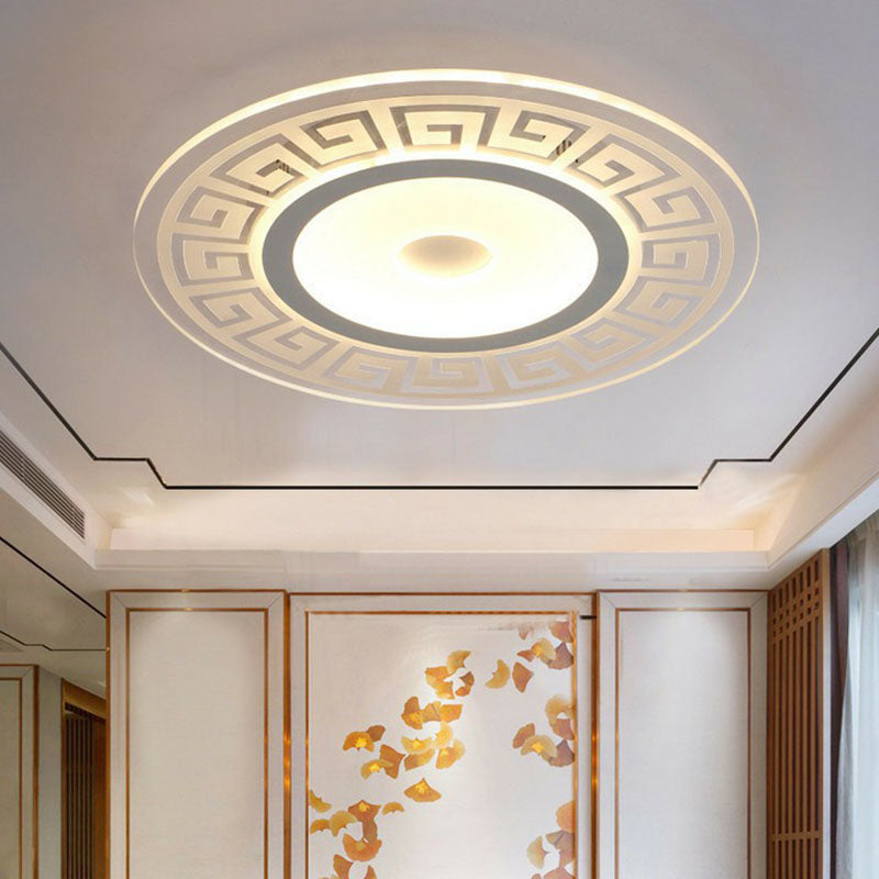 Luz empotrada LED de forma redondeada acrílica, luz de techo blanca artística, montaje empotrado con decoración de llave griega para dormitorio