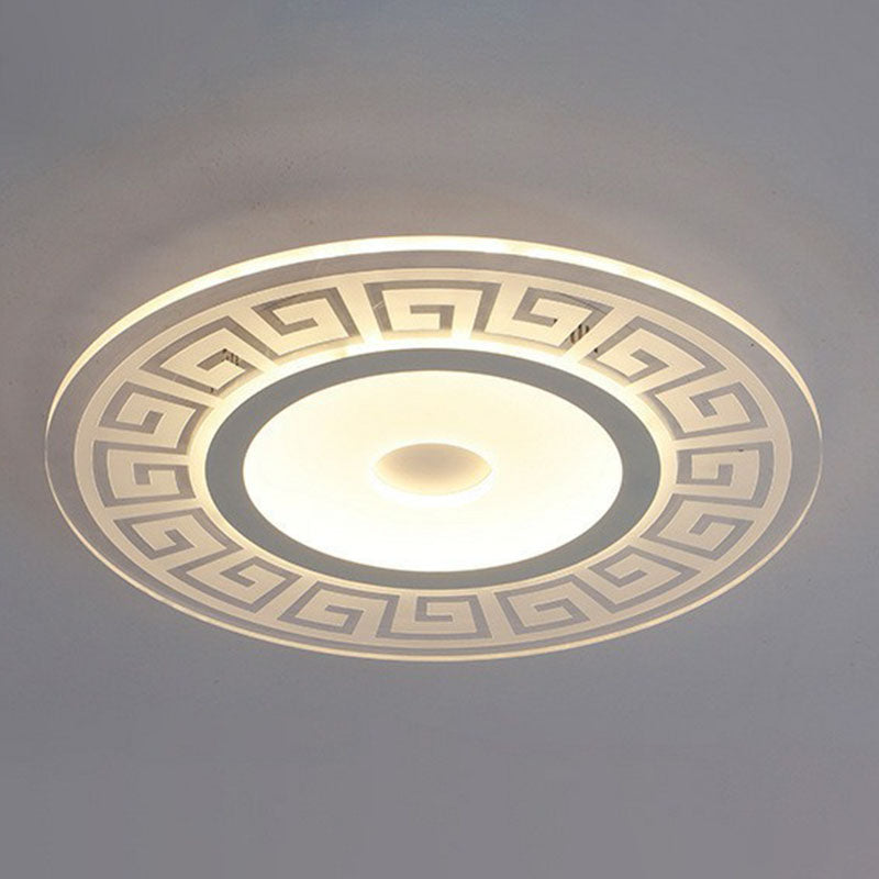 Luz empotrada LED de forma redondeada acrílica, luz de techo blanca artística, montaje empotrado con decoración de llave griega para dormitorio