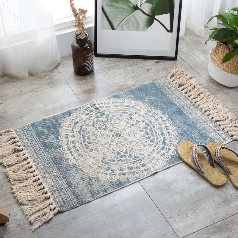 Boho Chic Bedroom Rug Multi-Color Geometric Pattern Rug Cotton Machine Wash Carpet with Tassel Fringe
