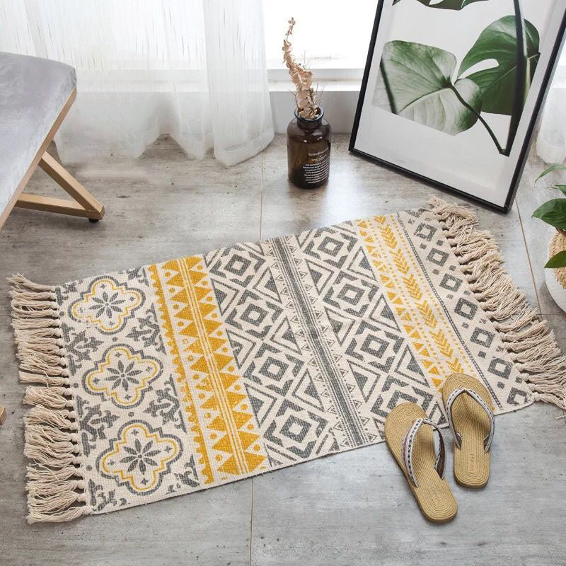 Boho Chic Bedroom Rug Multi-Color Geometric Pattern Rug Cotton Machine Wash Carpet with Tassel Fringe