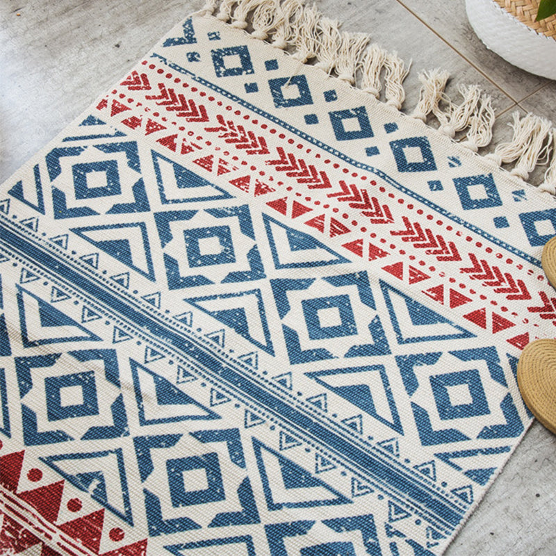 Boho Chic Bedroom Rug Multi-Color Geometric Pattern Rug Cotton Machine Wash Carpet with Tassel Fringe