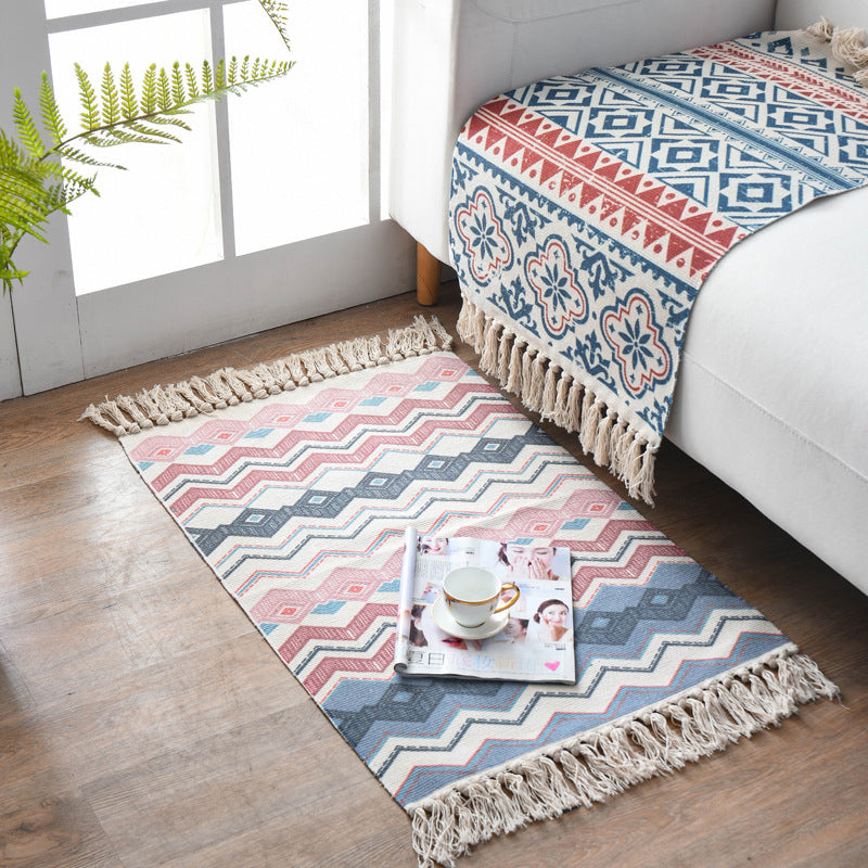 Boho Chic Bedroom Rug Multi-Color Geometric Pattern Rug Cotton Machine Wash Carpet with Tassel Fringe