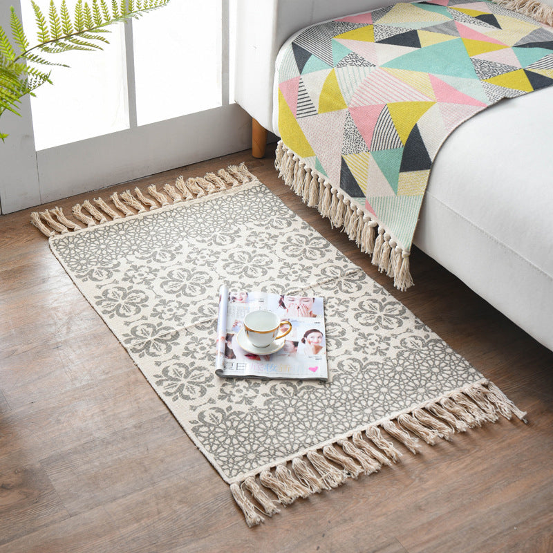 Boho Chic Bedroom Rug Multi-Color Geometric Pattern Rug Cotton Machine Wash Carpet with Tassel Fringe
