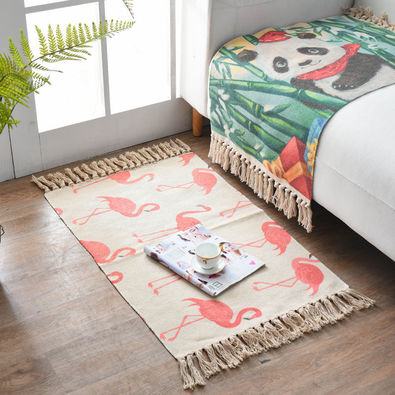 Boho Chic Bedroom Rug Multi-Color Geometric Pattern Rug Cotton Machine Wash Carpet with Tassel Fringe