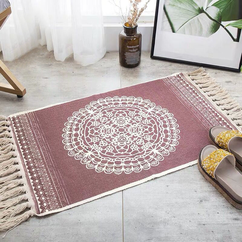 Boho Chic Bedroom Rug Multi-Color Geometric Pattern Rug Cotton Machine Wash Carpet with Tassel Fringe