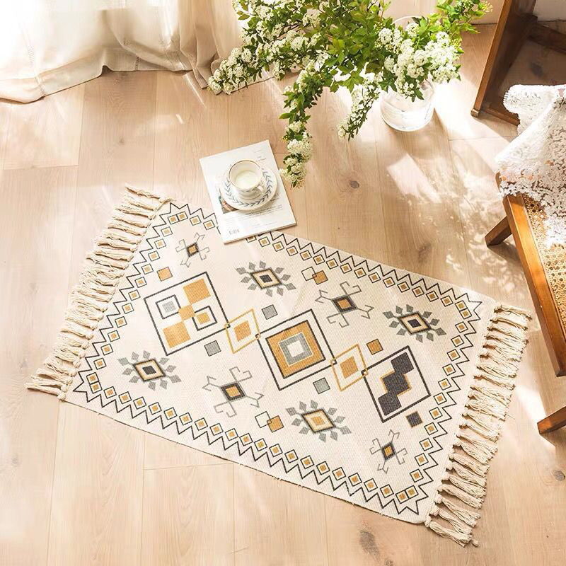 Multi Color Bedroom Rug Funky Geometric Carpet Cotton Machine Washable Pet Friendly Rug with Tassel