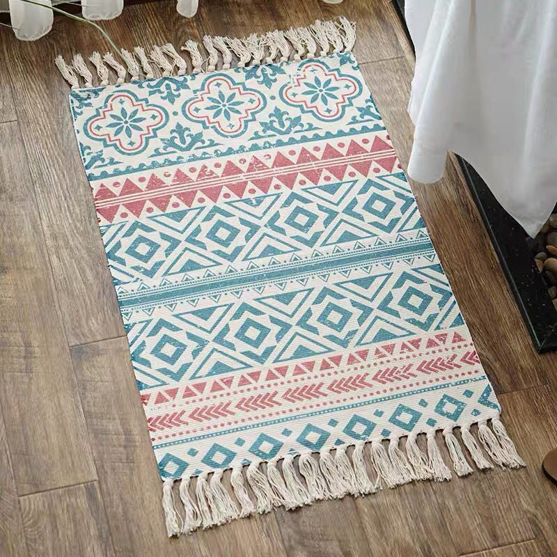 Multi Color Bedroom Rug Funky Geometric Carpet Cotton Machine Washable Pet Friendly Rug with Tassel