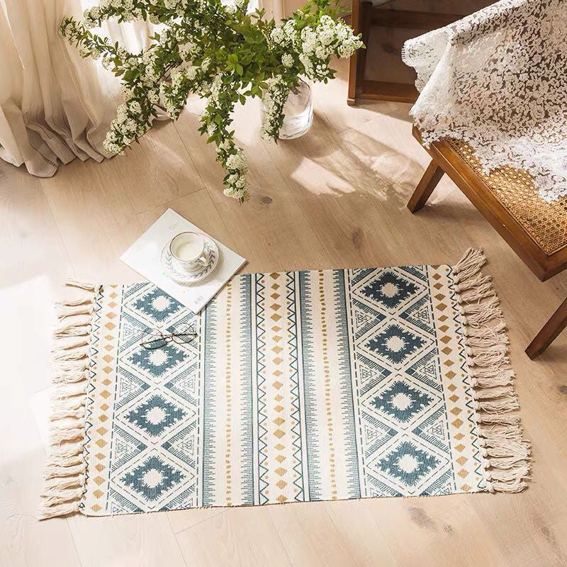 Multi Color Bedroom Rug Funky Geometric Carpet Cotton Machine Washable Pet Friendly Rug with Tassel