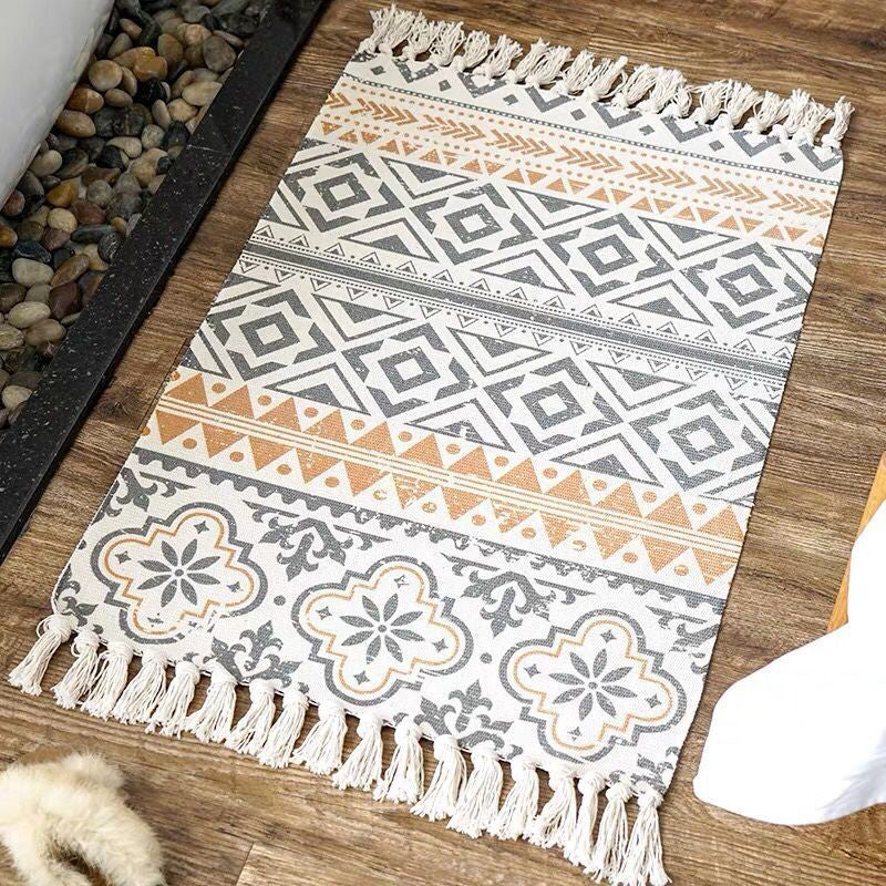 Multi Color Bedroom Rug Funky Geometric Carpet Cotton Machine Washable Pet Friendly Rug with Tassel
