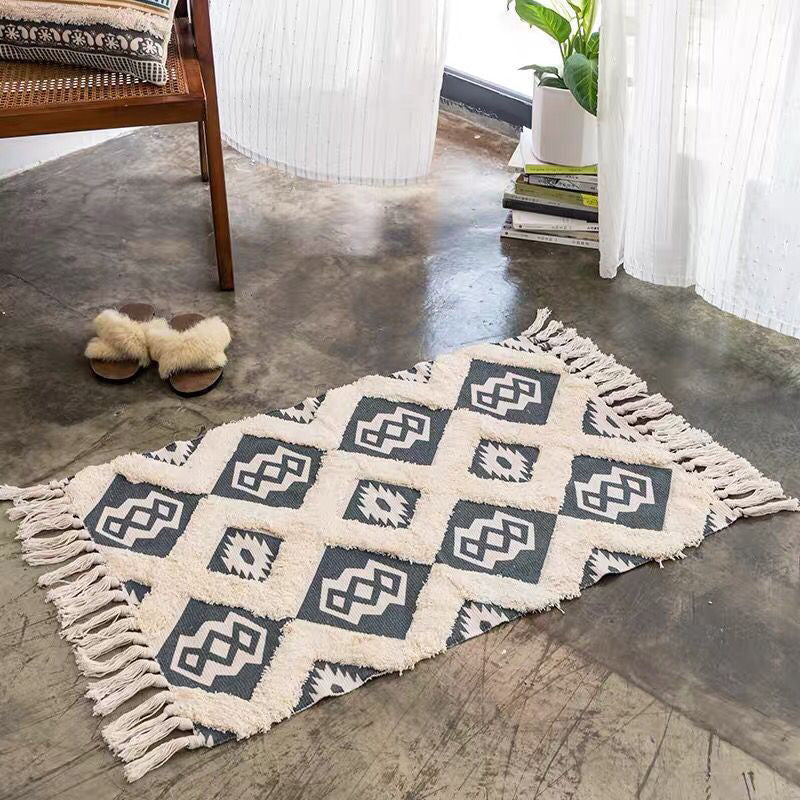 Stylish Diamond Patterned Rug Multi-Color Boho Carpet Cotton Pet Friendly Washable Rug for Room